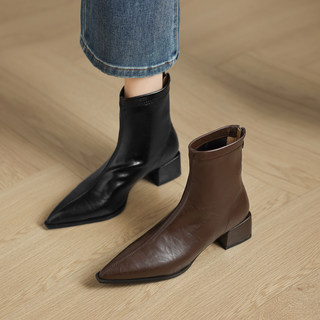 2025新款秋冬法式巨好看皮面弹力瘦瘦靴子软底中跟尖头粗跟短靴女