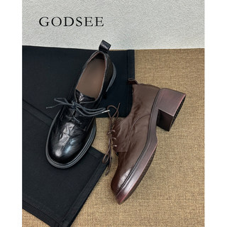 Godsee Distressed Sheepskin 5cm Thick-Soled Loafers, Lace-Up Commuter Leather Shoes, Derby Shoes, Chunky Heel Single Shoes for Women