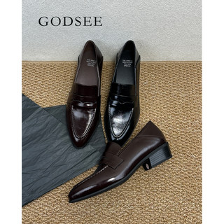 Godsee 4cm Pointed Toe Loafers for Women, Genuine Leather Retro Chunky Heel Small Leather Shoes, British Style Slip-On Low Heel Shoes