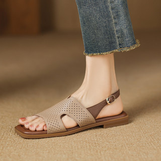 2025新款夏季女款外穿软羊皮配裙子镂空软底鱼嘴罗马平底凉鞋女夏