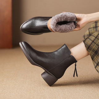 冬季羊毛真皮马丁靴女款厚底靴子保暖加绒加厚棉鞋尖头粗跟短靴女