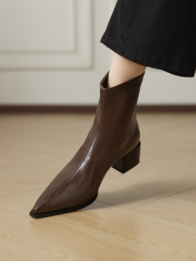 2025 New Autumn and Winter French Style Very Stylish Leather Elastic Slim Boots Soft Sole Mid-Heel Pointed Toe Chunky Heel Short Boots for Women