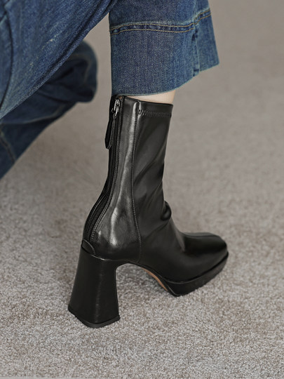Chunky Heel Slim Boots French Style Autumn and Winter Boots Thick-Soled Elastic Boots Waterproof Platform High Heels Square Toe High Heel Short Boots for Women