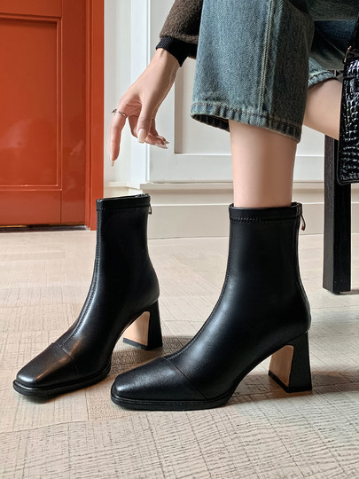 Autumn and Winter Boots, Thick-Heeled French-Style Elastic Slim Boots, Genuine Leather Women's Shoes, Medium-Heeled Large Size Women's Boots, Square-Toe High-Heeled Short Boots for Women