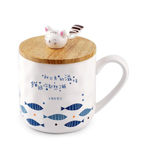 Jay Chou thyme cartoon saury cat cup Ceramic cup with lid and spoon Coffee cup constant temperature 55 degree coaster