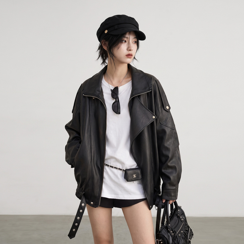 Black Leather Jacket for Women 2026 Early Autumn New Style Loose Fit Turn-Down Collar Super Trendy Biker Style Petite High-End Leather Jacket