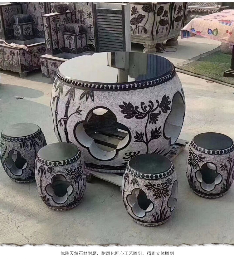 Retro stone table stone bench set of natural green stone engraved table stool Stone Tea Table Round Table And Chairs Courtyard Decoration