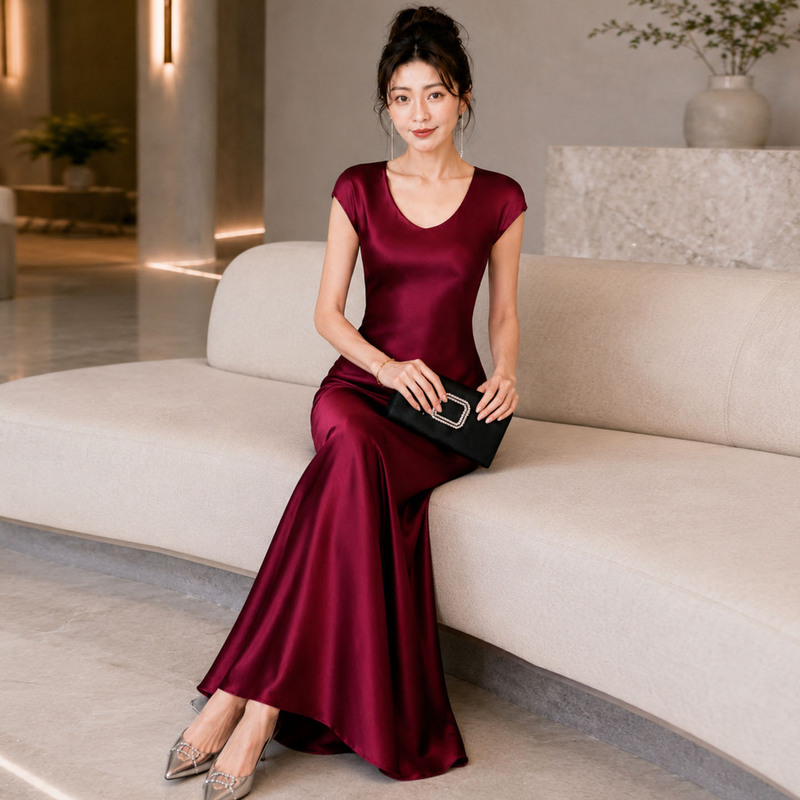Triacetate Satin Fishtail Dress for Women, Summer Internet Celebrity Style, High-End Bridesmaid Host Gown, Evening Dress Triacetate Satin Fishtail Dress for Women, Summer Internet Celebrity Style, High-End Bridesmaid Host Gown, Evening Dress