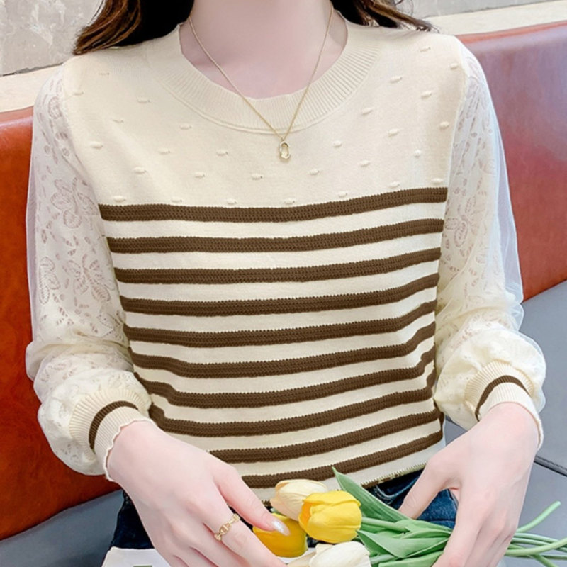 High-End, Elegant, Slimming Lace Long-Sleeve T-Shirt for Spring and Summer, Striped Knit Base Shirt for Women, Inner Wear Top