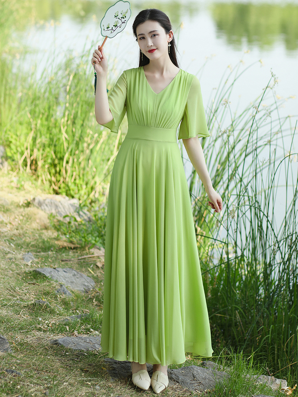 Vanilla Green Small Fresh Elegant Large Hem Dress with Good Draped Five-Quarter Sleeves over the Knee Holiday Long Skirt Elegant Fairy Skirt Vanilla Green Small Fresh Elegant Large Hem Dress with Good Draped Five-Quarter Sleeves over the Knee Holiday Long Skirt Elegant Fairy Skirt