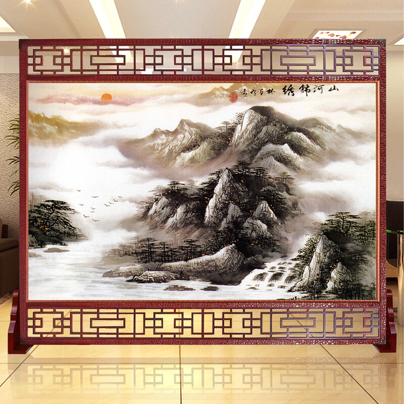 New Chinese home screen partition brake modern simple living room entrance double-sided hollow landscape painting solid wood seat screen