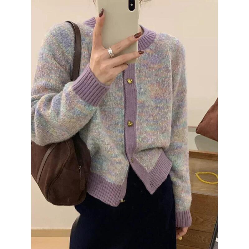 Wool Sweater in Chanel Style with Purple Floral Yarn, Round Neck Cardigan, New Autumn Knitwear, Lazy Style Loose-Fitting Trendy Jacket