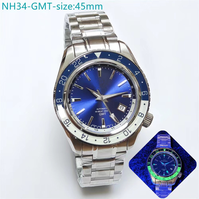 Tai Chi Circle Gs Mechanical Watch Dual Time Zone Gmtnh34 Modified Watch Green Luminous Dial Case Diameter 45mm
