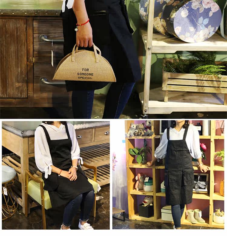 Ruiqu's new pure cotton fashionable double-shoulder garden floral art, coffee shop, milk tea shop, dessert supermarket apron work clothes detail image 9