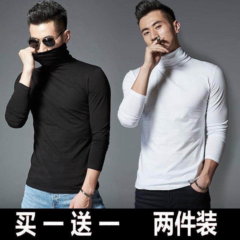 韓国風無地薄手長袖メンズTシャツ、春秋流行の万能無地ベースシャツ、スリムフィットTシャツ、ハイネック