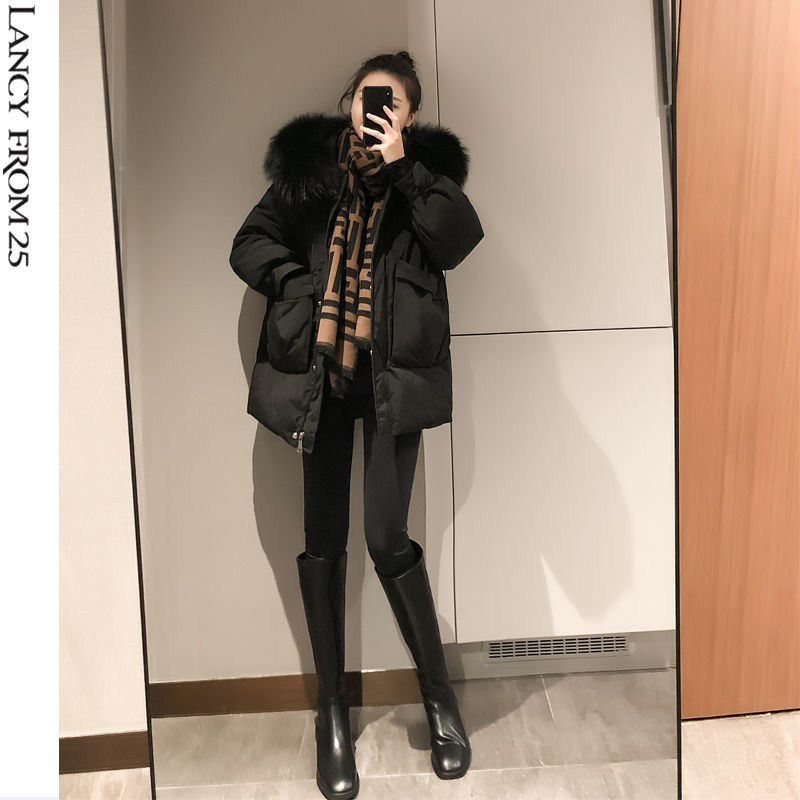 Langzi 2022 new big fur collar black down jacket women's mid-length version small thickened white duck down jacket winter
