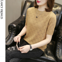 Longfashion Womens Dress Ice Silk Short Sleeve T-Shirt Woman Summer 2022 New Loose Color Slats Bottom-Knit Jersey Blouse