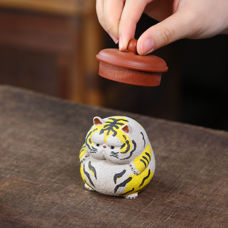 Yixing Purple Clay Tea Pet Fortune Tiger Ornament, Hand-Painted Fluffy Little Round Tiger, Creative Tea Set, Tea Table Decoration