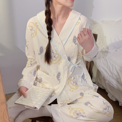 Maternity Pajamas, Summer Thin Style, Postpartum Long-Sleeved Gauze Confinement Clothes, Maternity Nursing Kimono-Style Home Clothes — 2