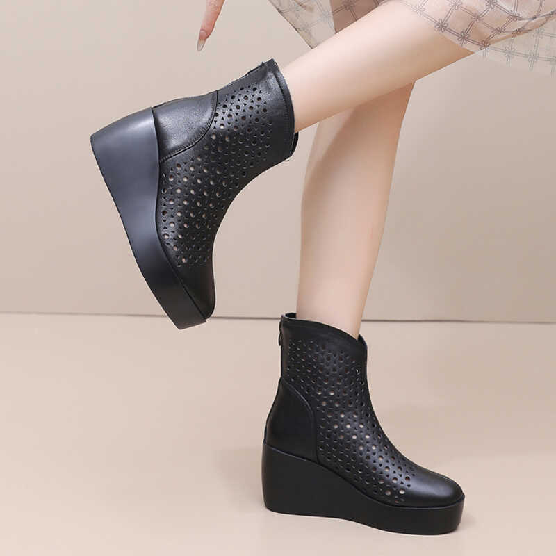 Genuine Leather Wedge Hollow Short Boots for Women, Spring and Summer High-Heeled Perforated Boots, Thick-Soled Breathable Sandals, Mid-Calf Mom Shoes for Spring and Autumn