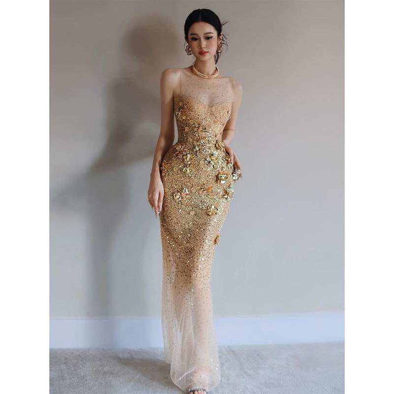 Golden Evening Dress with a High-End Feel, Mermaid Style Bridal Engagement Wedding Toast Dress, High-End Elaborate Banquet Host Dress