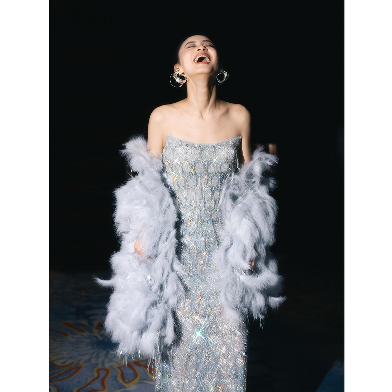 Banquet Evening Dress for Women, Sequined Strapless Tassel Bridal Engagement Wedding Dress, High-End Heavy-Duty Fishtail Toast Dress