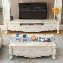 European-style marble coffee table TV cabinet combination size apartment floor cabinet Simple carved solid wood frame complete set of furniture
