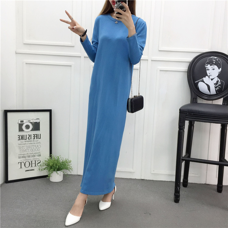 Mùa thu và mùa đông của phụ nữ váy dài đoạn dưới váy nữ phiên bản Hàn Quốc của cổ tròn là len mỏng lau váy dài và váy len váy jean dài