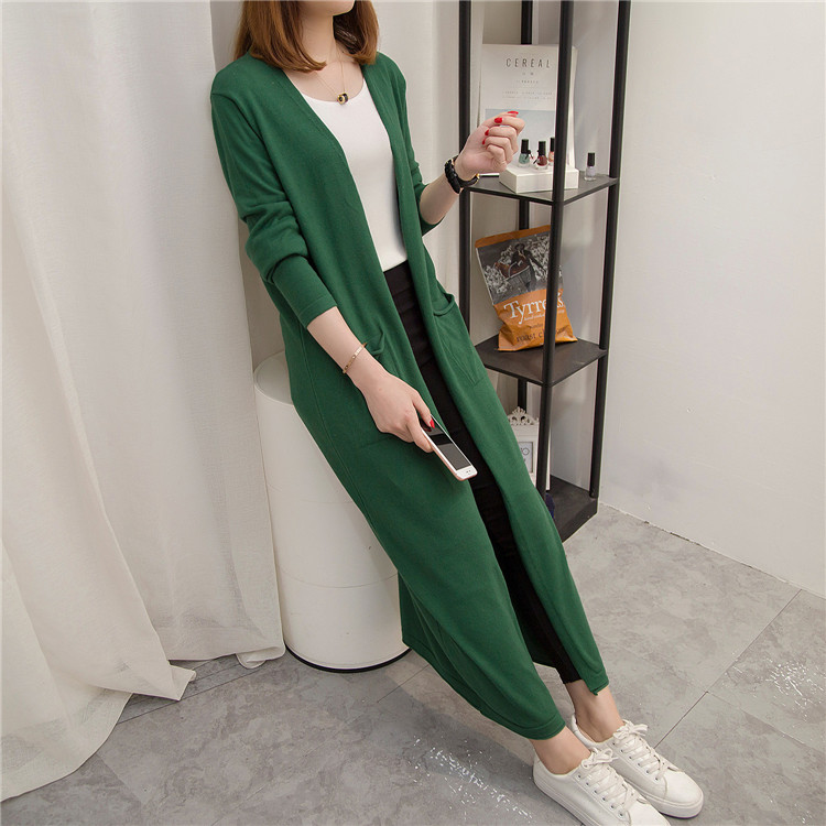 Mùa xuân và dài lỏng lẻo áo len mỏng đan áo len cổ chữ V màu rắn túi áo dài kích thước lớn áo len mỏng