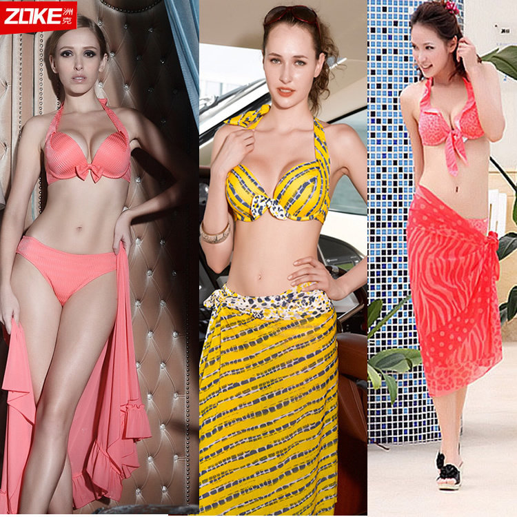 Zhou Ke's Three-Piece Bikini Swimsuit ZOKE Big Chest Skinny Small Chest Gathering Steel Toter Holiday Gathering Chest Swimsuit