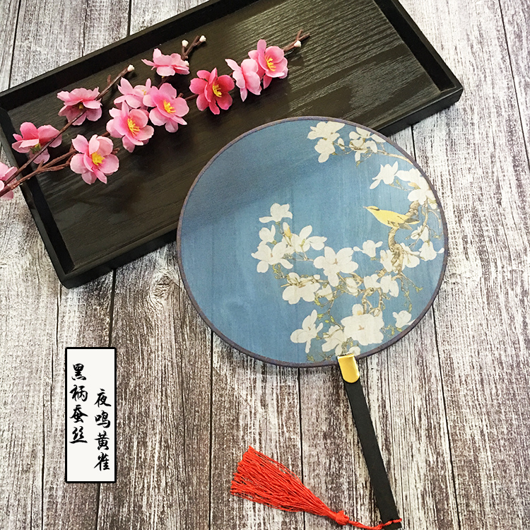 Yeming oriole blue double-sided printing group fan silk translucent fan Chinese style classic fan