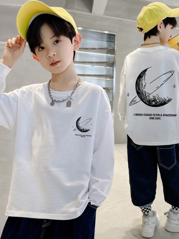 (100% Pure Cotton) Children's Clothing Boys' T-Shirt Long-Sleeved Autumn Children's Tops for Older Boys Half-Sleeved Base Shirt Trendy