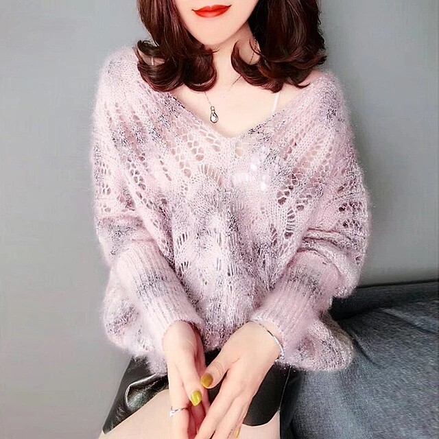 Hong Kong 2022 springtime fashion new Ma Haimao bright silk sweater women's clothing hollowed-out knitted blouse V collar easing tide