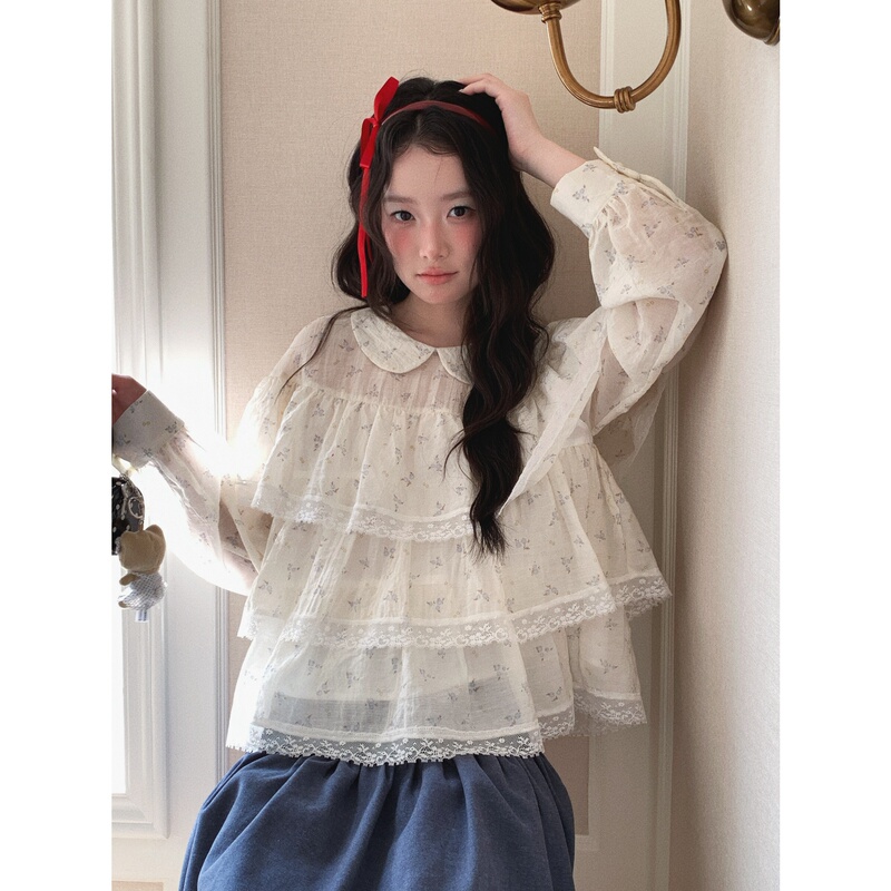 Ruan Ruan LAOSHU Milky White Floral Sweet Style Lace Splicing Multi-Layer Cake Skirt Youthful Lace Blouse Top Ruan Ruan LAOSHU Milky White Floral Sweet Style Lace Splicing Multi-Layer Cake Skirt Youthful Lace Blouse Top