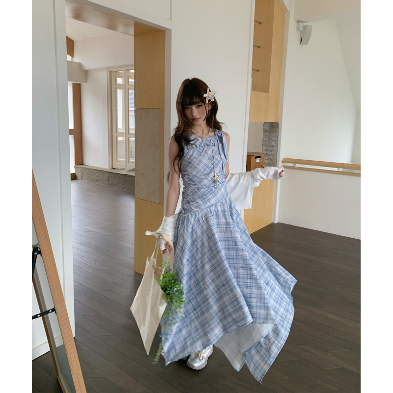 Ruan Ruan LAOSHU Pastoral Blue Mist Floral Pattern Sleeveless Dress for Women Spring/Summer Artistic Fresh Waist-Cinching Long Dress
