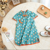 2021 New Girl dress cheongsam summer girl baby child Chinese style retro modified floral buckle