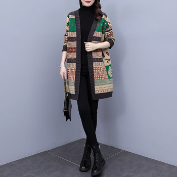 Autumn and Winter Mid-Length Woolen Sweater Jacquard Sweater Jacket Women's Loose Top Retro Outer Wear V-Neck Knitted Cardigan
