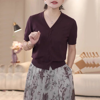 Summer New Style V Neck Ice Silk Knitwear for Women, Loose Casual Slimming Tencel Top, Thin T-Shirt, Stylish Blouse