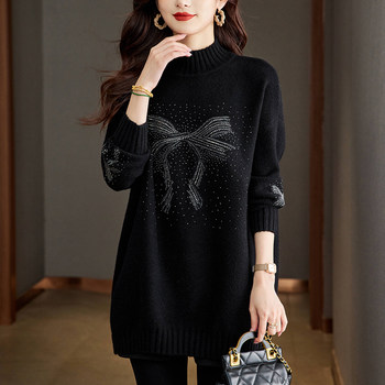 New Autumn and Winter Thickened Sweater Dress for Women, Mid-Length, Loose-Fitting, Half-High Collar, Rhinestone-Embellished Wool Knit Base Shirt