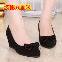 Old Beijing Cloth Shoes Breathable Woman Single Shoe Slope Heel Non-slip Working Shoes Butterfly Knot Pointed Shallow Oral Women Career Shoes