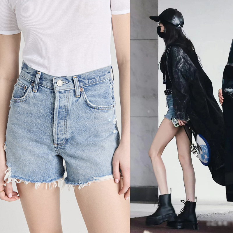 Summer Shorts Agolde Yang Mi Same Style High-Waisted Light Blue Ripped Frayed Denim Shorts for Women