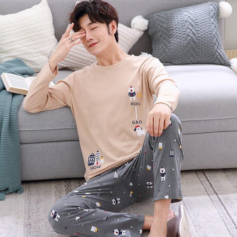 Mens đồ ngủ mùa xuân và mùa thu cotton dài tay quần đồ ngủ mùa thu và mùa đông mens phim hoạt hình nhà quần áo cá tính thường quy định.