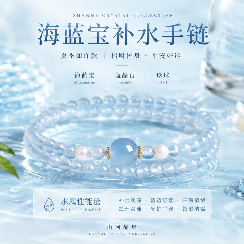 Natural Ice-Type Aquamarine Double-Circle Bracelet for Women, Transparent Blue Crystal, Hydrating and Wealth-Attracting Bracelet, Gift for Best Friend or Girlfriend