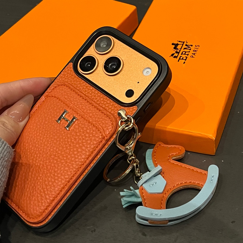 Trendy Brand H Leather Card Holder with Pony Pendant Phone Case for iPhone 17 Pro Max Luxury Gift Box 16 Pro Unisex 15 Personalized 14/13 Creative 12 Pro Compatible 11 Samsung S25 Ultra