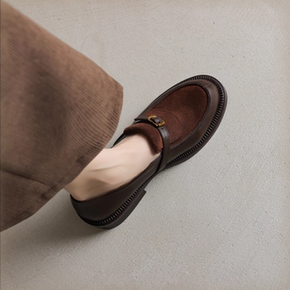 New Retro Brown Chunky Heel Genuine Leather Women's Shoes 2026 Spring and Autumn Round-Toe Slip-On Old Money Style Loafers