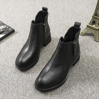 Ankle Boots for Women, Chelsea Boots, Women's Short Boots, Genuine Leather, British Style, Flat Thick Heel, Versatile, Autumn and Winter