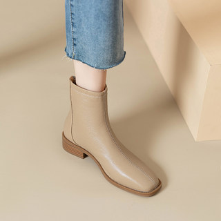 Autumn and Winter Sheepskin French-Style Chunky Heel Short Boots for Women, Genuine Leather Mid-Heel Chelsea Boots, Slim Martin Boots, Ankle Boots