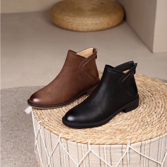 Genuine leather French retro brown short boots for women autumn and winter comfortable frosted low heel ankle boots round toe thick heel Chelsea boots