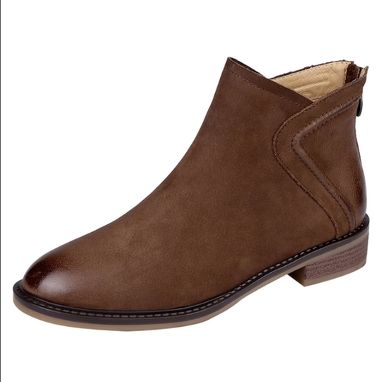 Genuine leather French retro brown short boots for women autumn and winter comfortable frosted low heel ankle boots round toe thick heel Chelsea boots