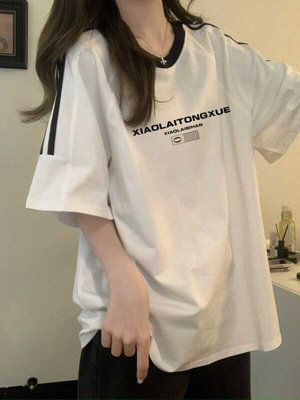 Striped Three-Stripe American-Style Short-Sleeve T-Shirt for Girls, Summer 2026, Loose Half-Sleeve Top for Middle and High School Students